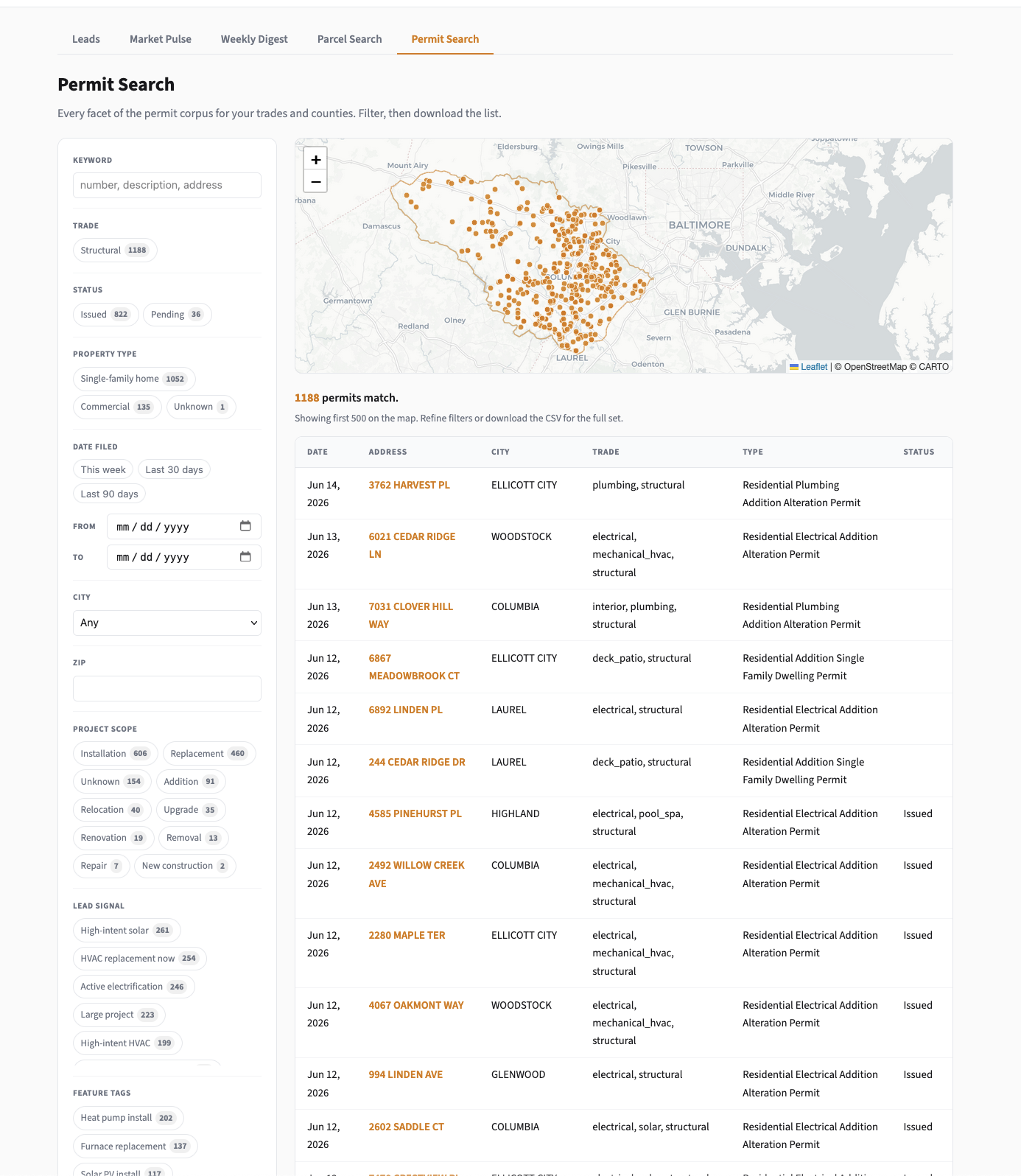 Tradewinds: faceted filters, a county map, and permit results
